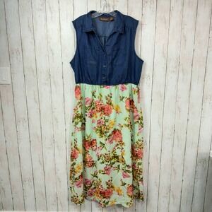 Speed Control Women's Mixed Floral Blue Denim Sleeveless Maxi Dress Size 3X